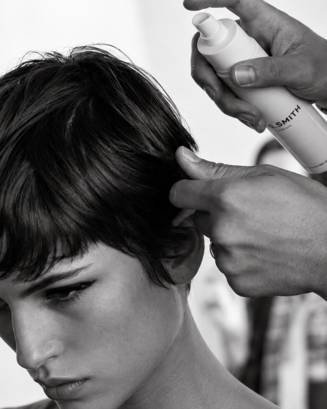 Backstage pixie hair styling at Fashion Week